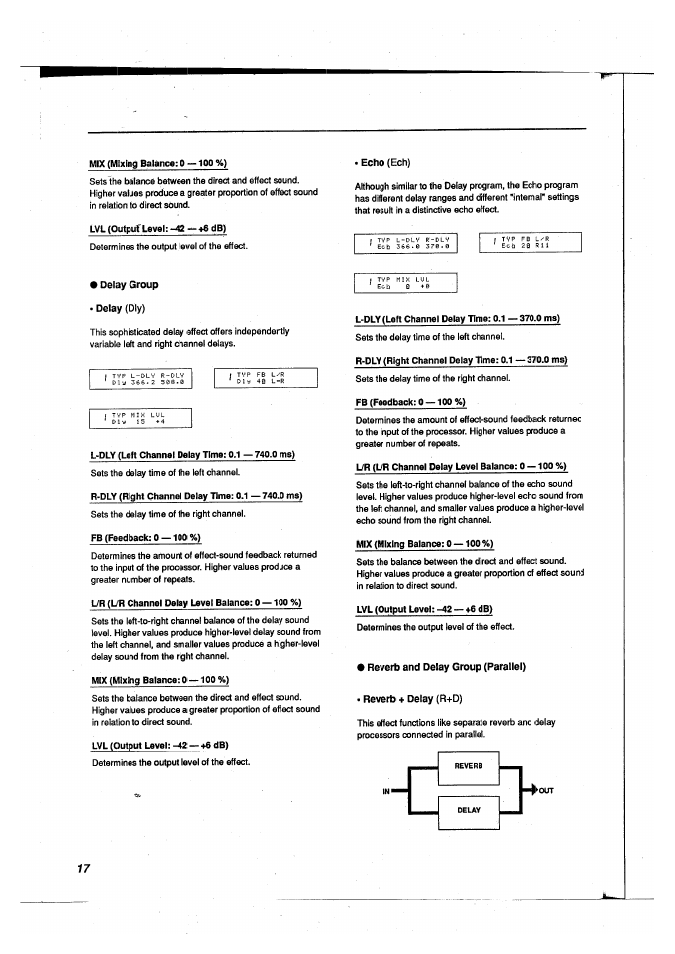 Delay group, Delay (dly), Reverb and delay group (parallel) | Reverb + delay (r-i-d) | Yamaha FX500B User Manual | Page 18 / 94