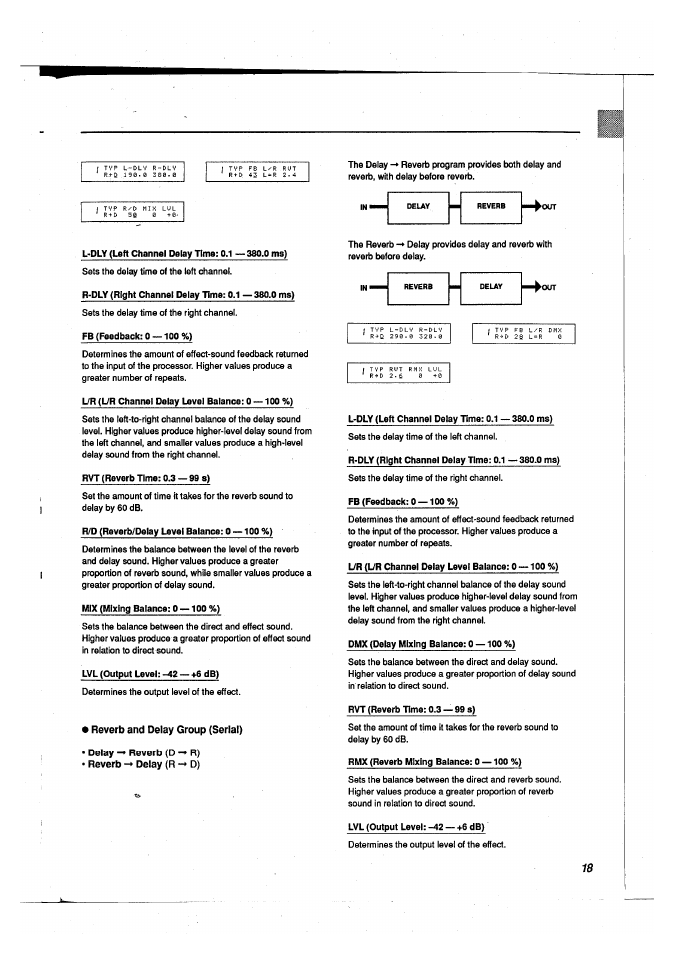 Reverb and delay group (serial), Delay -► reverb (d -+ r), Reverb -► delay (r -♦ d) | Yamaha FX500B User Manual | Page 19 / 94