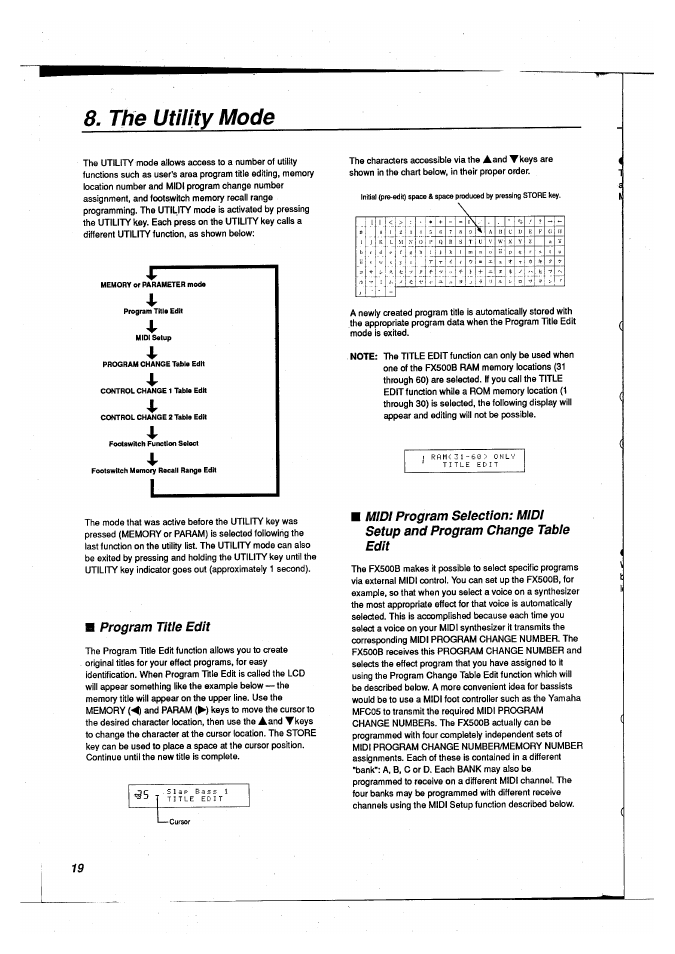 The utility mode, Program title edit | Yamaha FX500B User Manual | Page 20 / 94