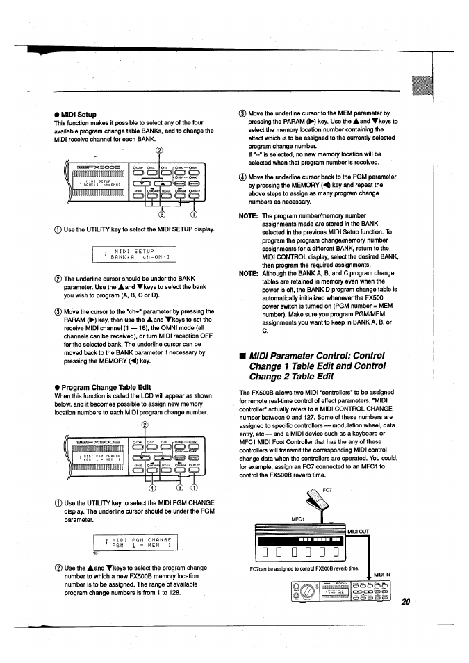 Midi setup, Program change table edit, And program change table edit | Yamaha FX500B User Manual | Page 21 / 94