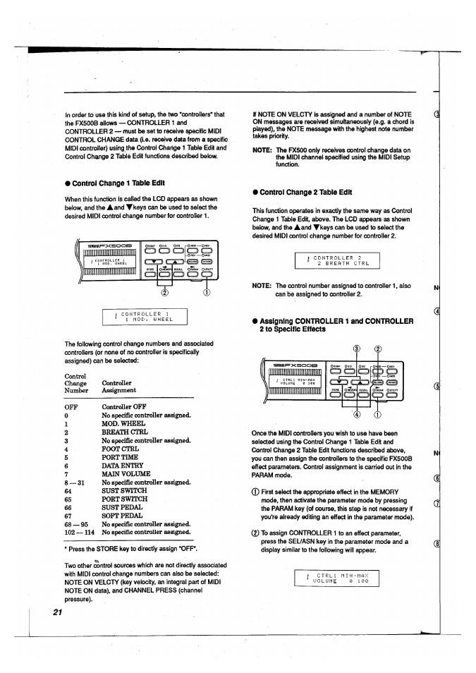 I control change 1 table edit, Control change 2 table edit, Program change table edit | Control change 1 table edit | Yamaha FX500B User Manual | Page 22 / 94