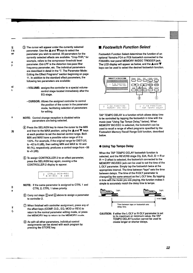 Footswitch function select, Using tap tempo delay | Yamaha FX500B User Manual | Page 23 / 94