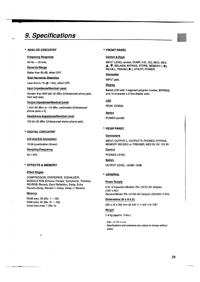 Specifications | Yamaha FX500B User Manual | Page 25 / 94