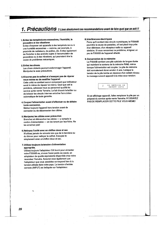 Précautions | Yamaha FX500B User Manual | Page 30 / 94