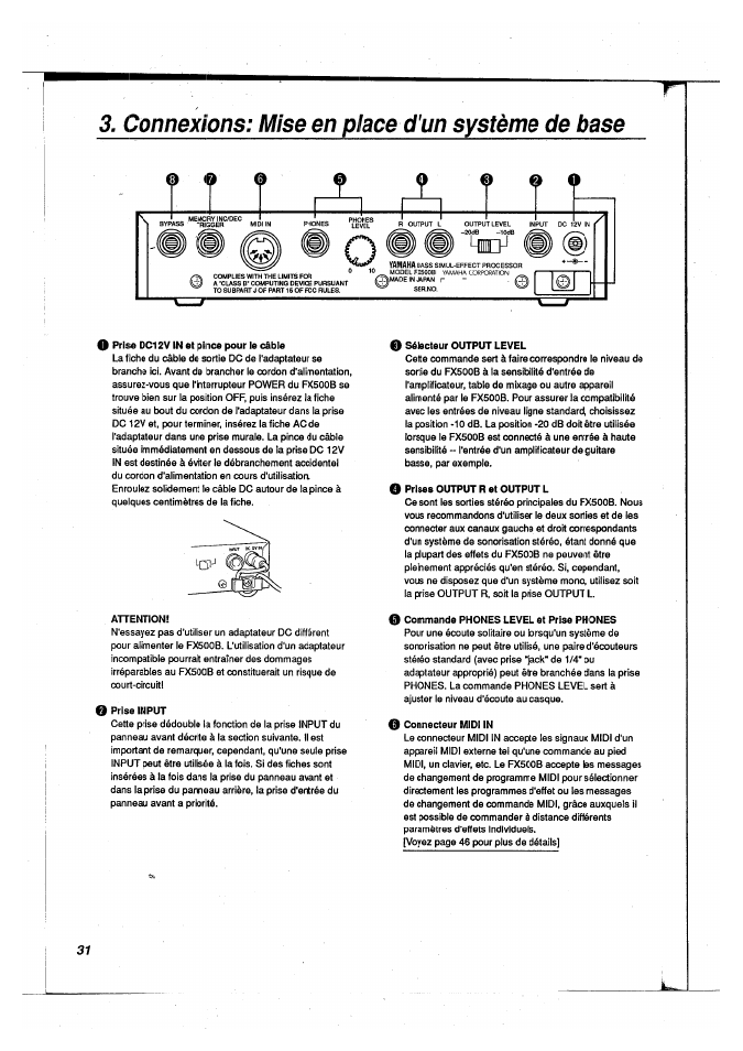 Connexions: mise en place d'un système de base, Mise en place d'un système de base | Yamaha FX500B User Manual | Page 32 / 94