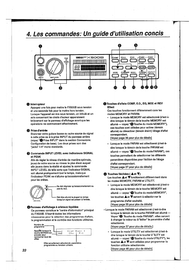 Lês commandes: un guide d'utilisation concis, O interrupteur, O prise d'entrée | Panneau d'affichage à cristaux liquides, Touches fléchées ( aet t) | Yamaha FX500B User Manual | Page 34 / 94