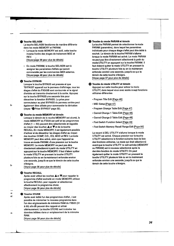 O touche sel/asn, O touche bypass, O touche du mode memory et témoin | Touche recall, Touche store, I touche du mode param et témoin, I touche du mode utility et témoin | Yamaha FX500B User Manual | Page 35 / 94