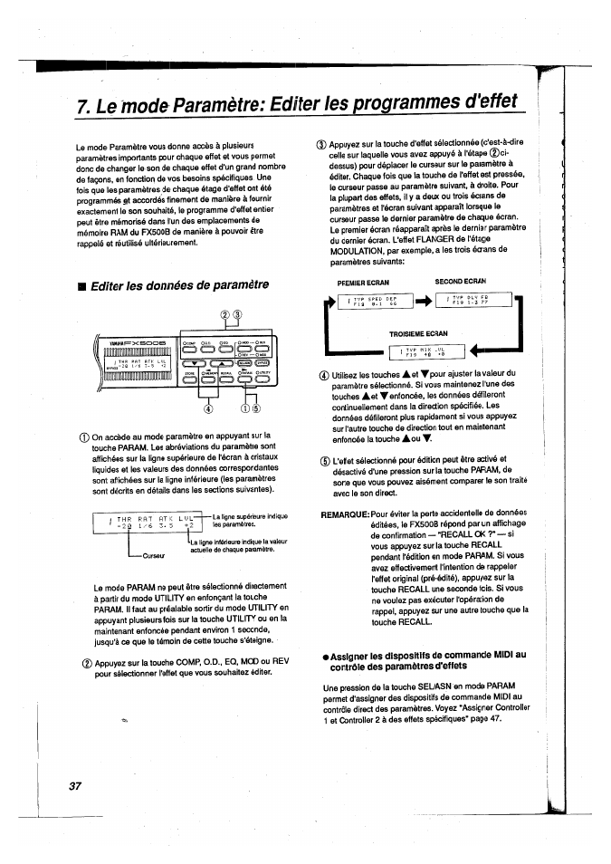 Le mode paramètre: editer les programmes d'effet, Editer les données de paramètre | Yamaha FX500B User Manual | Page 38 / 94