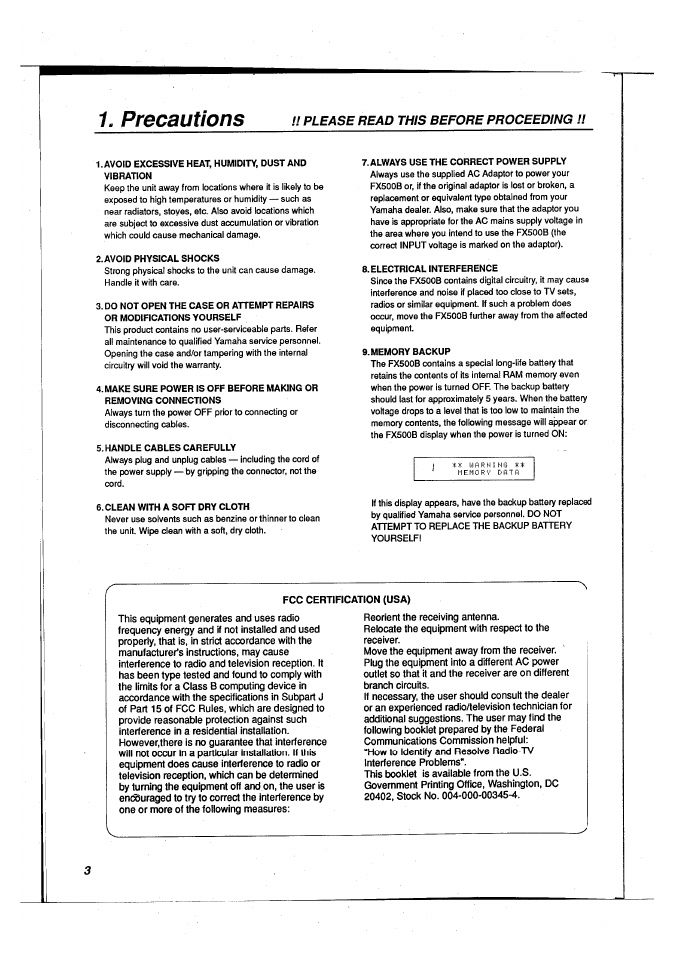 Fcc certification (usa), Precautions, A please read this before proceeding i | Yamaha FX500B User Manual | Page 4 / 94