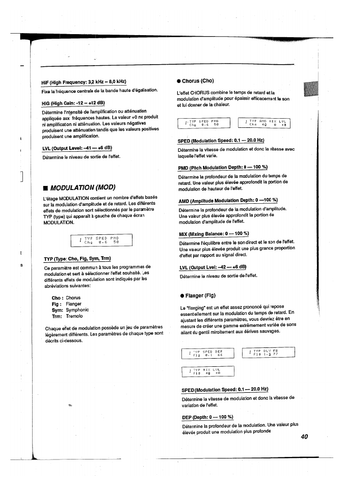 Modulation (mod), Chorus (cho), Flanger (fig) | Yamaha FX500B User Manual | Page 41 / 94