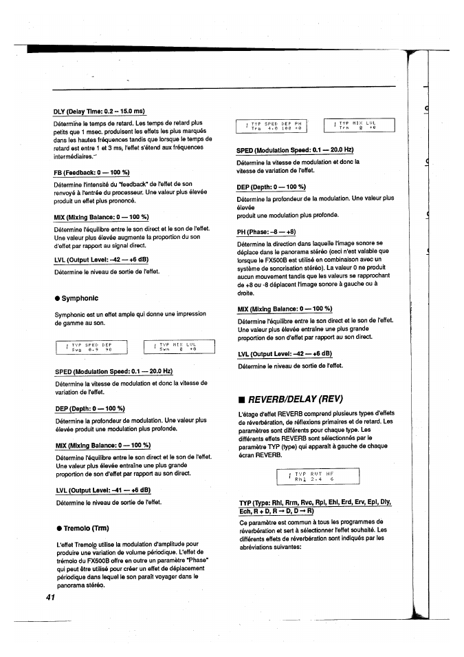 Symphonie, Tremolo (trm), Reverb/delay (rev) | Reverb/delay | Yamaha FX500B User Manual | Page 42 / 94