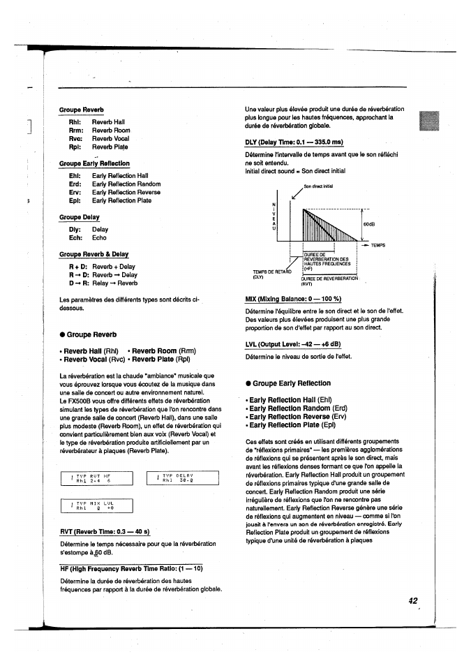 Groupe reverb, Reverb hall (rhi) • reverb room (rrm), Reverb vocal (rvc) • reverb plate (rpl) | Groupe early reflection, Early reflection hall (ehl), Early reflection random (erd), Early reflection reverse (erv), Early reflection plate (epi), Reverb vocal • reverb plate, Early reflection plate | Yamaha FX500B User Manual | Page 43 / 94