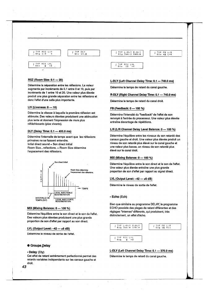 Groupepelay, Delay (dly), Echo (ech) | Groupe delay | Yamaha FX500B User Manual | Page 44 / 94