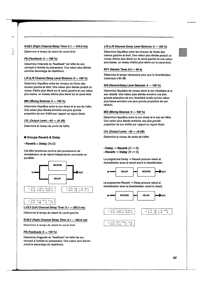 Groupe reverb & delay, Reverb + delay (r+d), Delay -» reverb (d -+ r) | Reverb -» delay (r -♦ d), Reverb + delay, Groupe reverb & delay (sériel) | Yamaha FX500B User Manual | Page 45 / 94