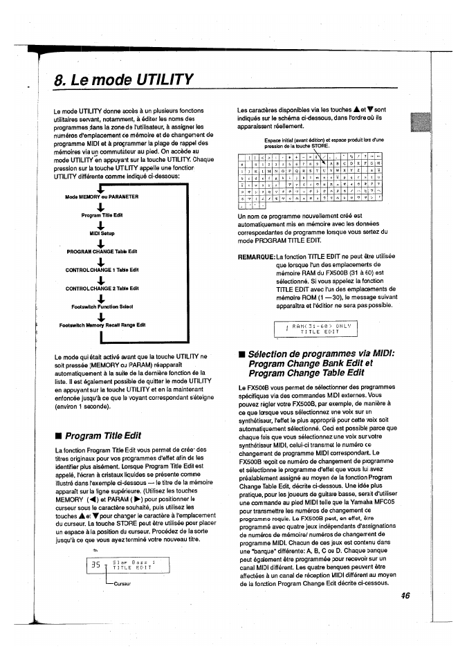 Le mode utility, Program title edit, Bas s- 1 | Yamaha FX500B User Manual | Page 47 / 94