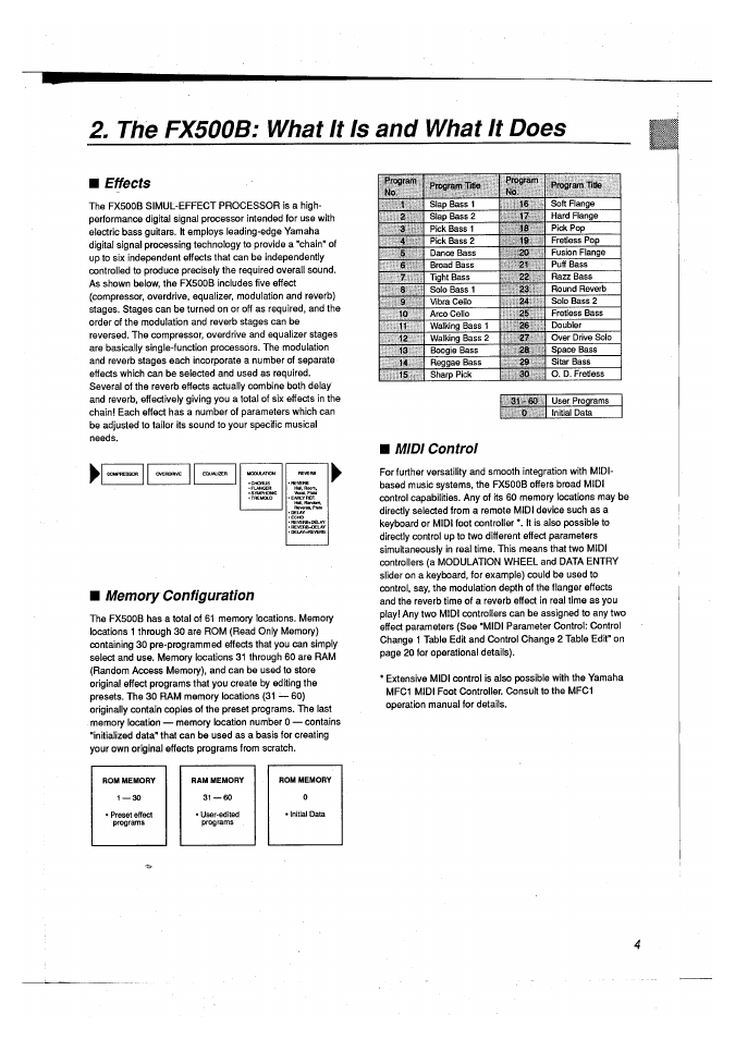The fx500b: what it is and what it does, Effects, Memory configuration | Midi controi, Midi control | Yamaha FX500B User Manual | Page 5 / 94