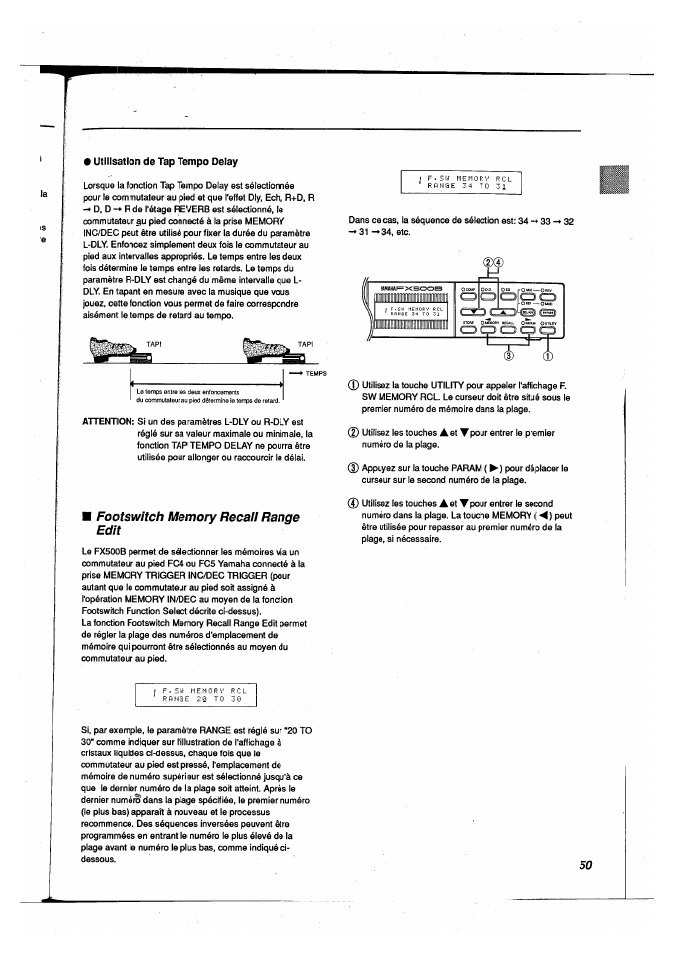 Utilisation de tap tempo delay, Footswitch memory recall range edit | Yamaha FX500B User Manual | Page 51 / 94