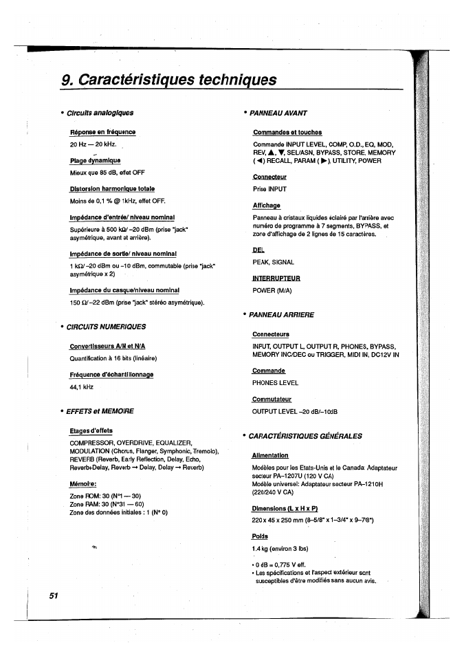 Caractéristiques techniques, J2el | Yamaha FX500B User Manual | Page 52 / 94
