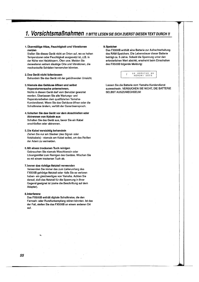 Vorsichtsmaßnahmen | Yamaha FX500B User Manual | Page 56 / 94