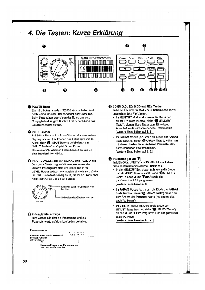 Die tasten: kurze erklärung, Die tasten: kurze erkiärung | Yamaha FX500B User Manual | Page 60 / 94