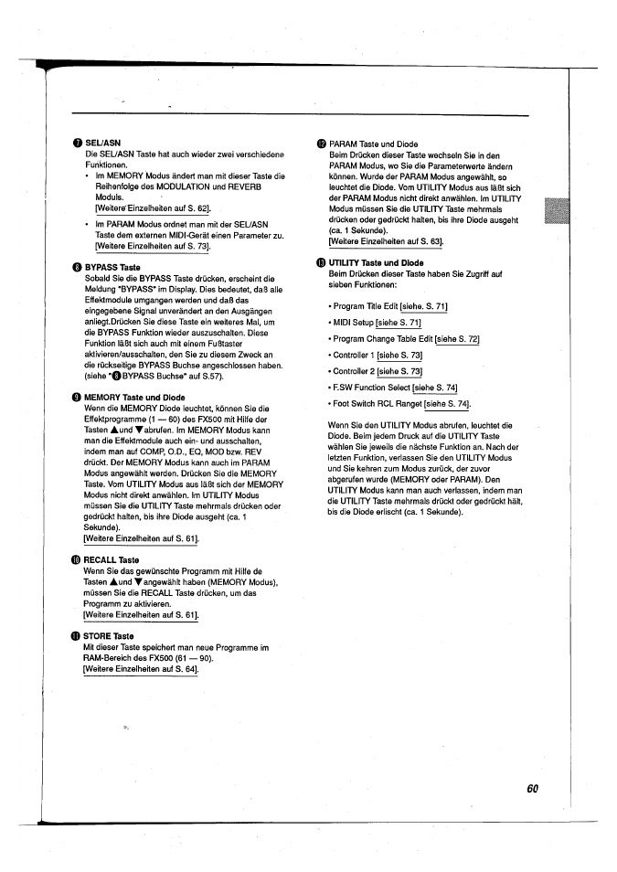 O sel/asn, O bypass taste, Memory taste und diode | D recall taste, 0 store taste, I utility taste und diode | Yamaha FX500B User Manual | Page 61 / 94