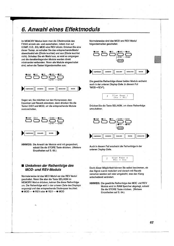 Anwahl eines effektmoduls, Umkehren der reihenfolge des mod- und rev-moduls, Anwahi eines effektmoduis | Yamaha FX500B User Manual | Page 63 / 94