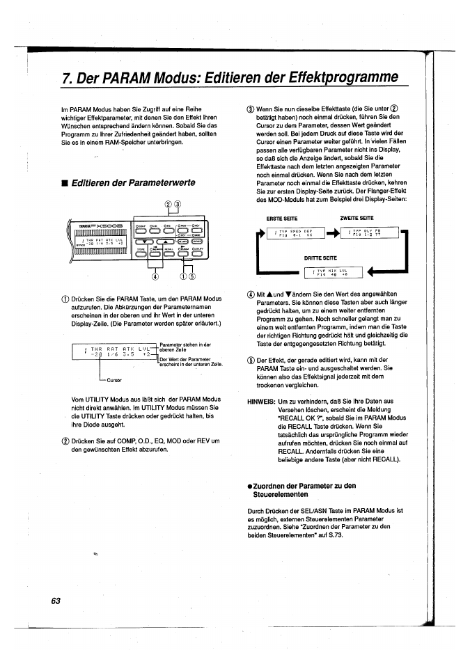 Der param modus: editieren der effektprogramme, Editieren der parameterwerte, Zuordnen der parameter zu den steuerelementen | Yamaha FX500B User Manual | Page 64 / 94