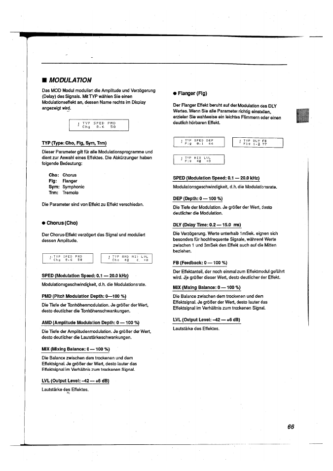 Flanger (flg), Chorus (cho), Modulation | Yamaha FX500B User Manual | Page 67 / 94