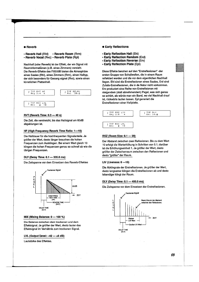 Early reflections, Reverb hall (rhi), Reverb vocal (rvc) | Reverb room (rrm) reverb plate (rpi), Early reflection hall (ehl), Early reflection random (erd), Early reflection reverse (erv), Early reflection plate (epl), Early reflection plate | Yamaha FX500B User Manual | Page 69 / 94