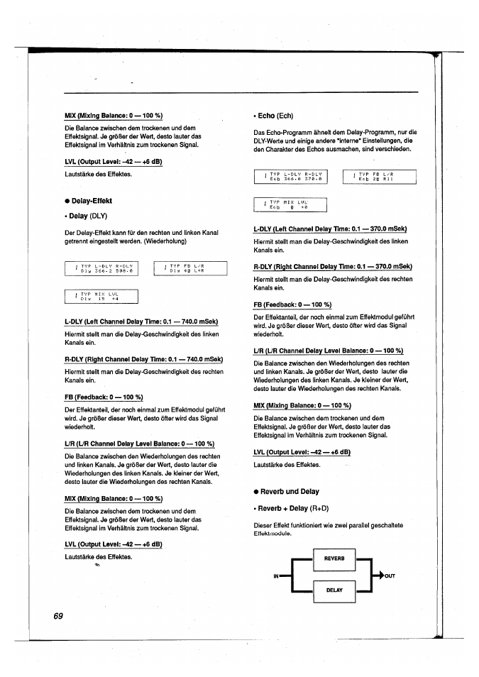 Echo (ech), Delay-effekt, Delay (dly) | Reverb und delay, Reverb + delay (r+d), Reverb/delay, Reverb + delay | Yamaha FX500B User Manual | Page 70 / 94