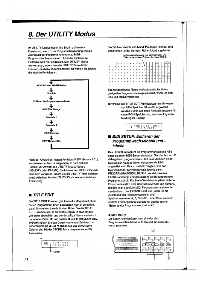 Der utility modus, Title edit, Midi setup | Yamaha FX500B User Manual | Page 72 / 94