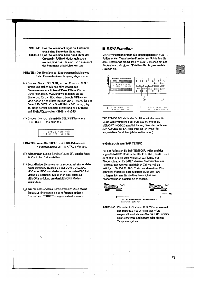 F.sw function, Gebrauch von tap tempo | Yamaha FX500B User Manual | Page 75 / 94