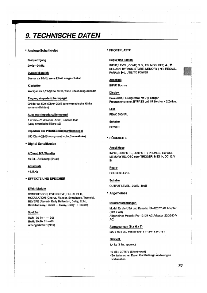 Technische daten, Analoge schaltkreise, Rückseite | A, t | Yamaha FX500B User Manual | Page 77 / 94