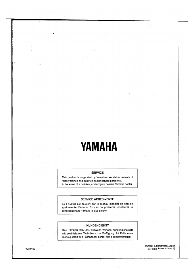 Yamaha, Service, Service apres-vente | Kundendienst | Yamaha FX500B User Manual | Page 94 / 94