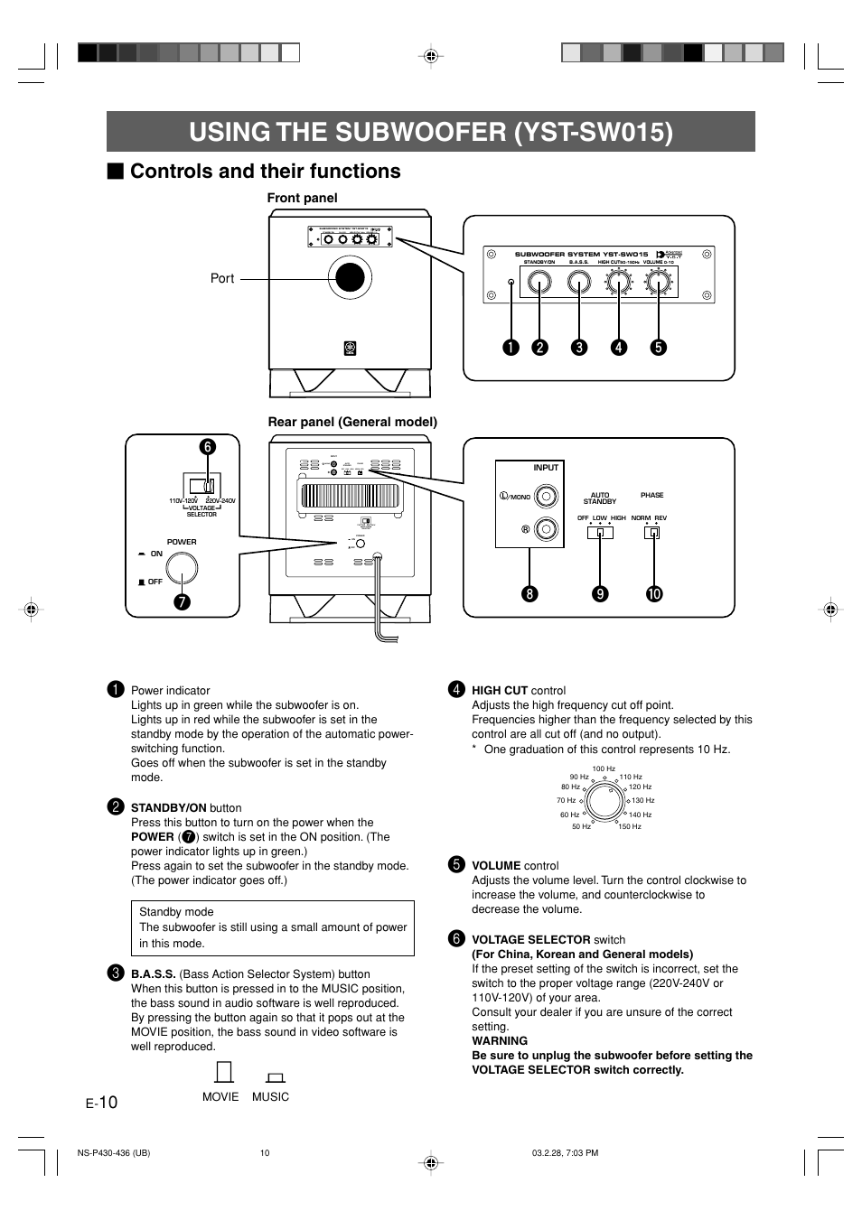 Using the subwoofer (yst-sw015), Controls and their functions | Yamaha NS-P430 User Manual | Page 14 / 20