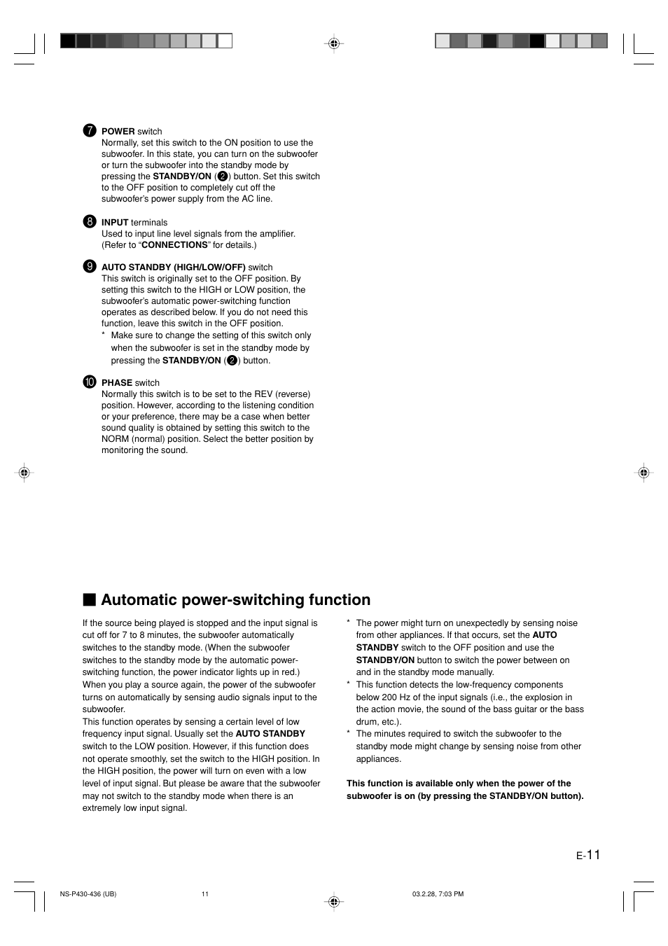 Automatic power-switching function | Yamaha NS-P430 User Manual | Page 15 / 20