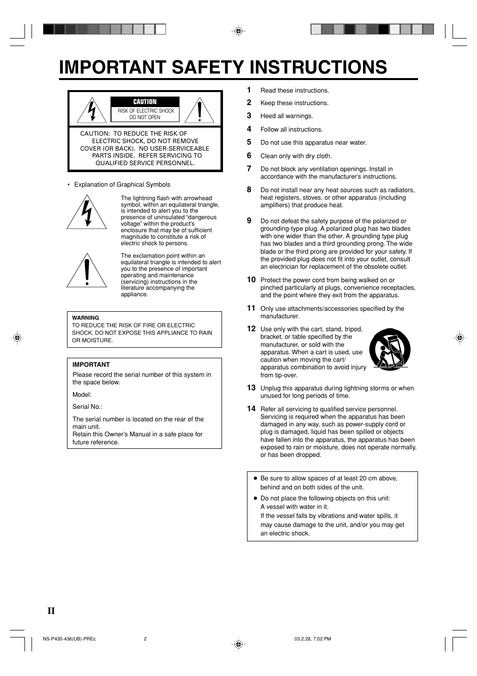 Important safety instructions | Yamaha NS-P430 User Manual | Page 2 / 20