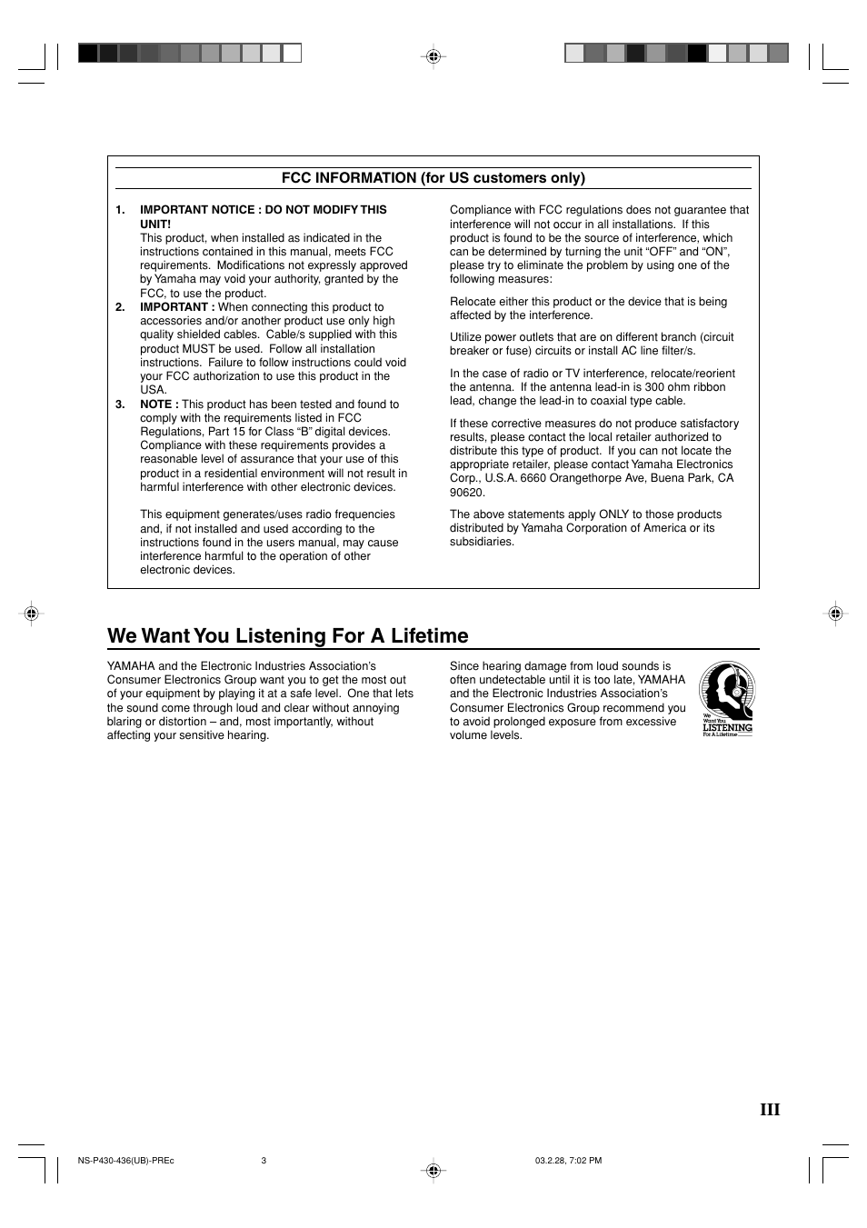 We want you listening for a lifetime | Yamaha NS-P430 User Manual | Page 3 / 20