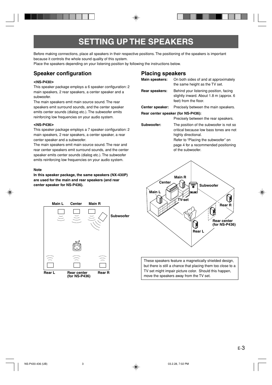 Setting up the speakers, Speaker configuration, Placing speakers | English | Yamaha NS-P430 User Manual | Page 7 / 20