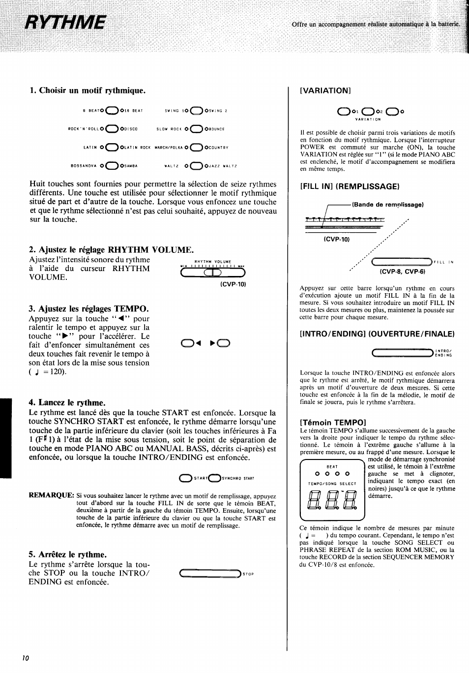 Choisir un motif rythmique, Ajustez le réglage rhythm volume, Ajustez les réglages tempo | Lancez le rythme, Arrêtez le rythme, Rythme | Yamaha CVP-10PE  EN User Manual | Page 14 / 29