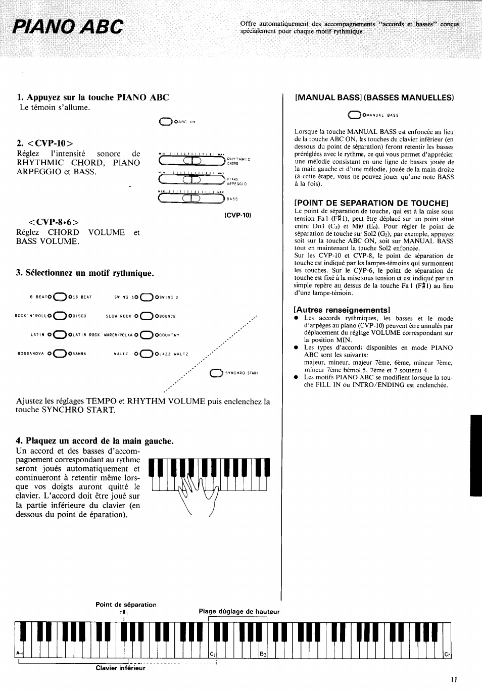 Appuyez sur la touche piano abc, <cvp-10, Cvp-8.6 | Sélectionnez un motif rythmique, Plaquez un accord de la main gauche, Manual bass] (basses manuelles), Point de separation de touche, Autres renseignements, Tm 1 "ifli ini in ir li, Lili | Yamaha CVP-10PE  EN User Manual | Page 15 / 29