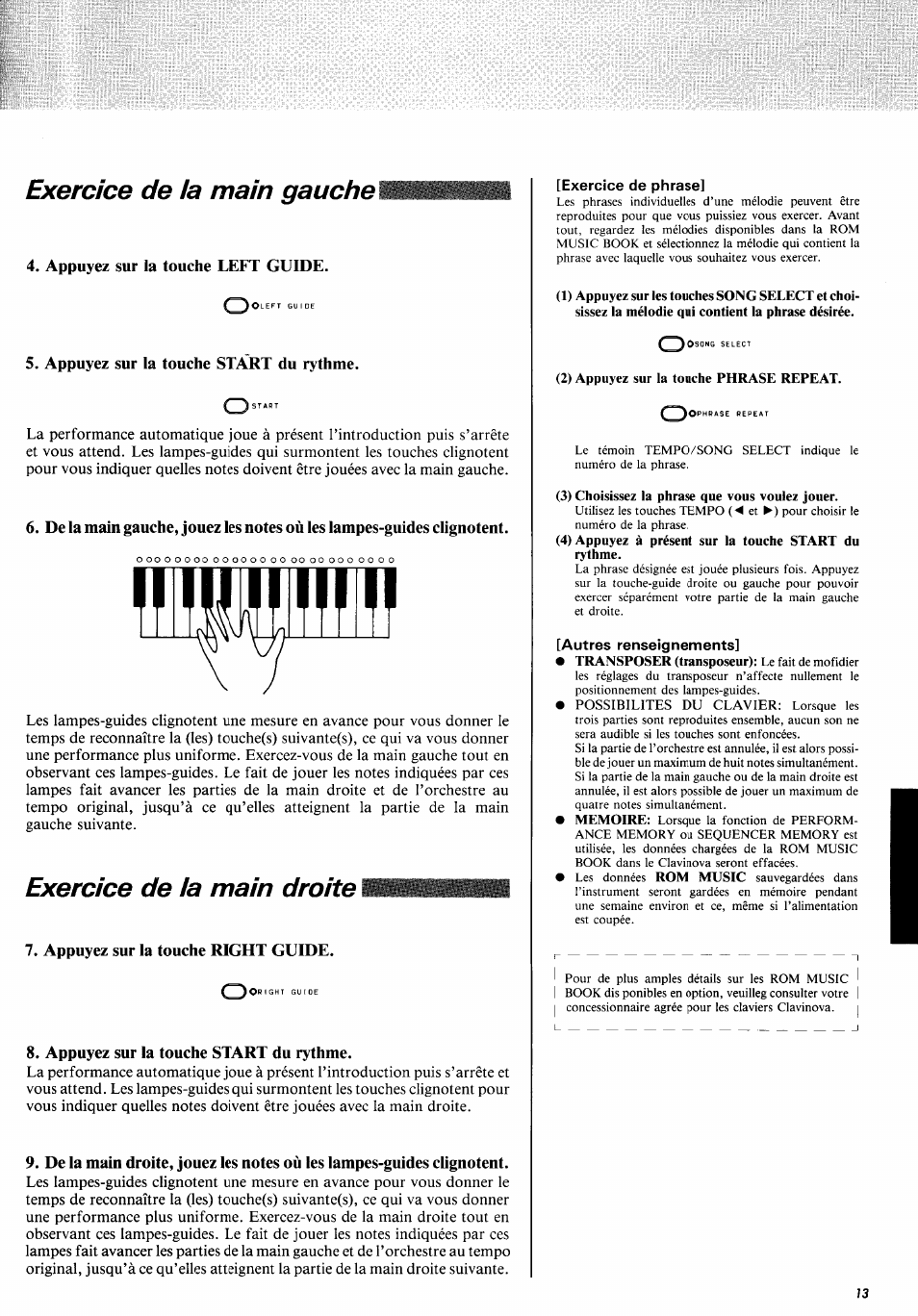 Exercice de la main gauche, Appuyez sur la touche left guide, Exercice de la main droite | Appuyez sur la touche right guide, Appuyez sur la touche start du rythme | Yamaha CVP-10PE  EN User Manual | Page 17 / 29