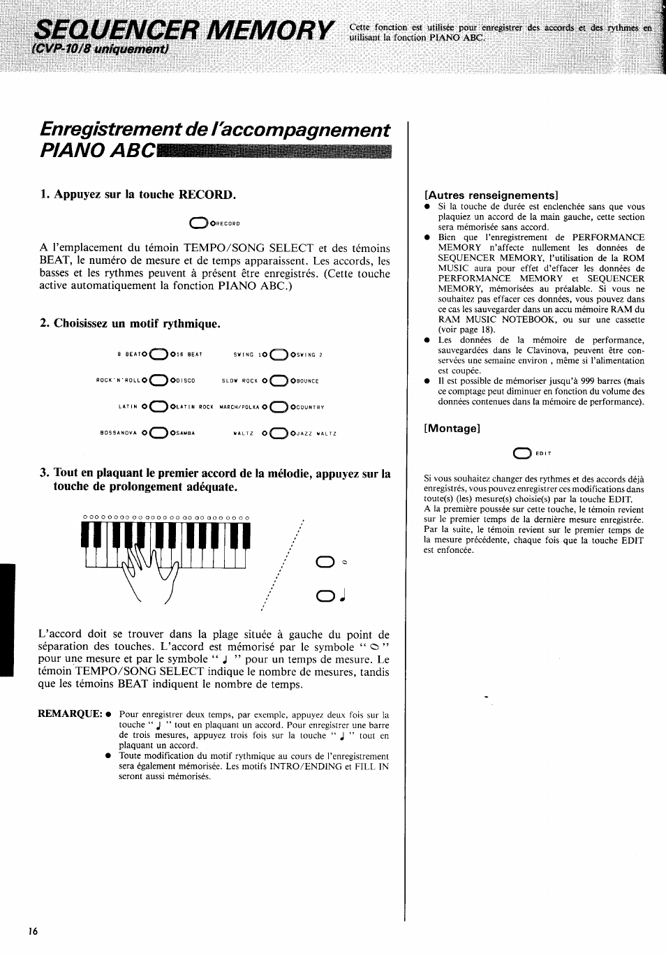 Enregistrement de l'accompagnement piano, Appuyez sur la touche record, Choisissez un motif rythmique | Yamaha CVP-10PE  EN User Manual | Page 20 / 29