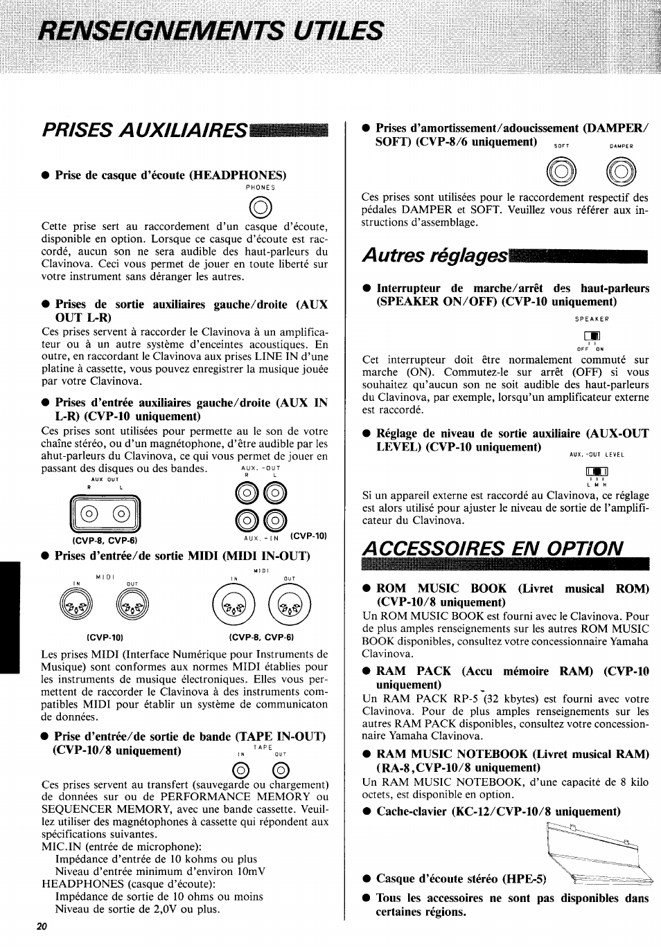 Prises auxiliaires, Autres réglagesl, Accesso/res en option | Renseignements utiles | Yamaha CVP-10PE  EN User Manual | Page 24 / 29