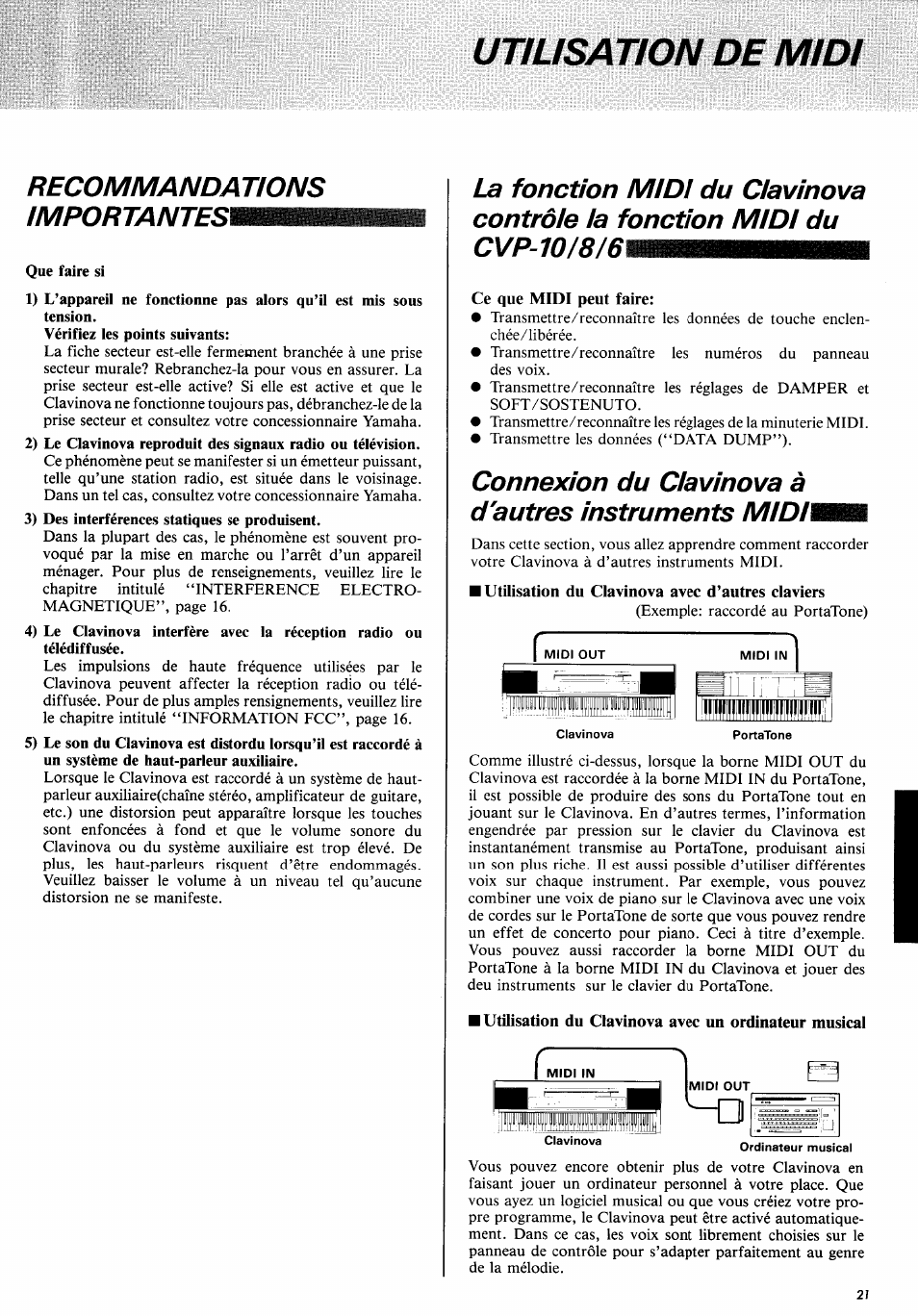 Recommandations importantes, Ce que midi peut faire, Utilisation du clavinova avec d’autres claviers | Utilisation de midi | Yamaha CVP-10PE  EN User Manual | Page 25 / 29