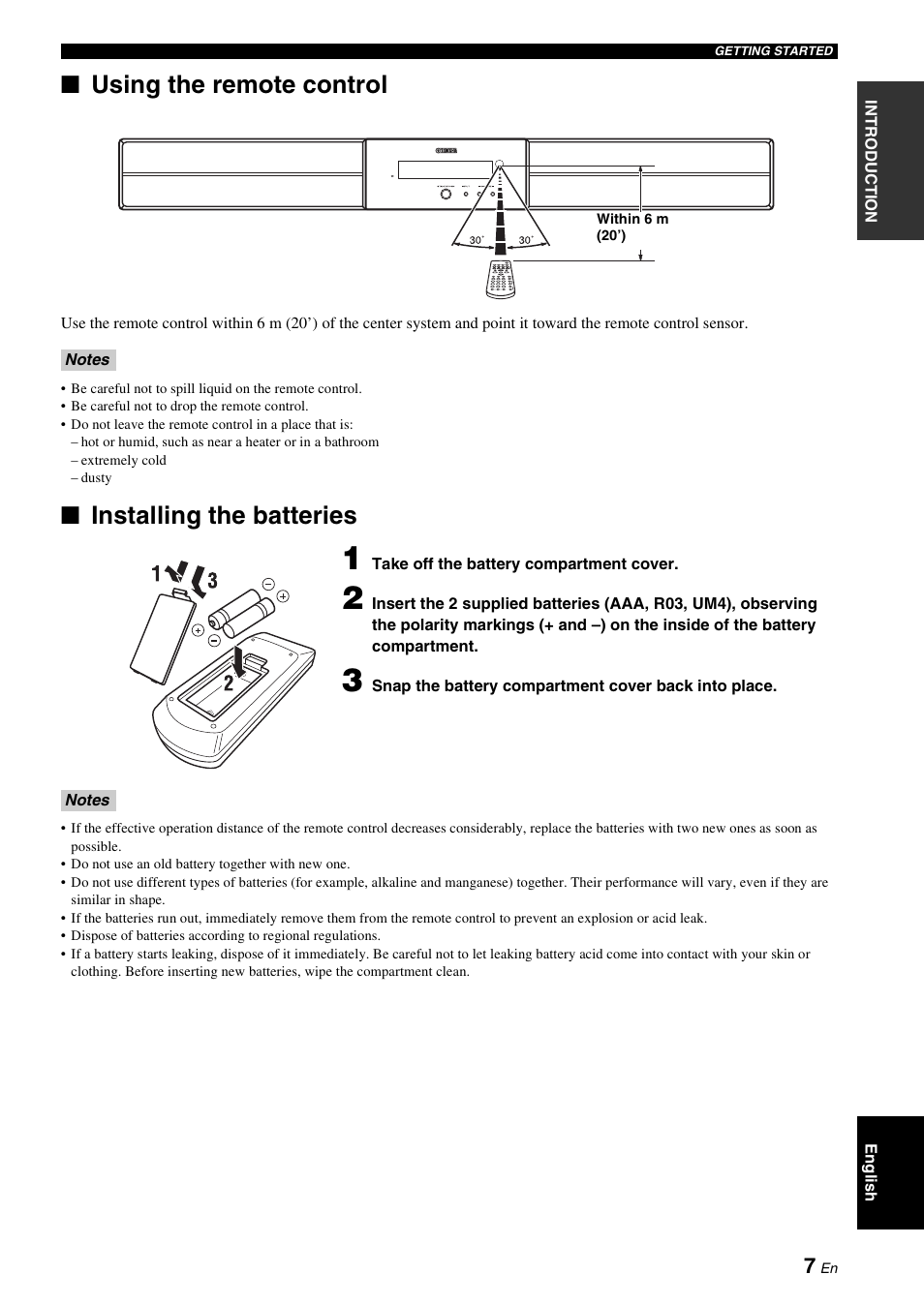 Using the remote control, Installing the batteries | Yamaha YAS-71CU User Manual | Page 11 / 44