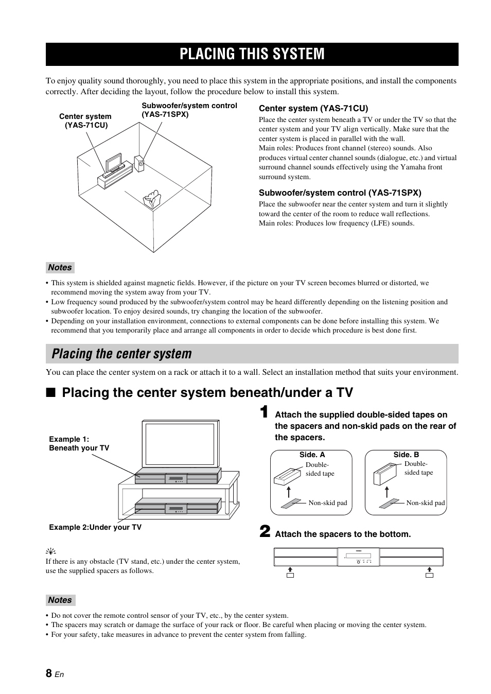 Preparation, Placing this system, Placing the center system | Placing the center system beneath/under a tv | Yamaha YAS-71CU User Manual | Page 12 / 44