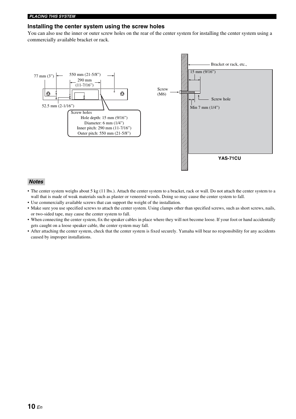 Installing the center system using the screw holes | Yamaha YAS-71CU User Manual | Page 14 / 44