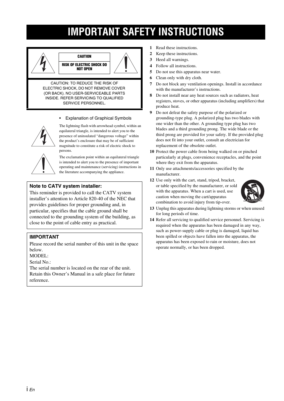 Important safety instructions | Yamaha YAS-71CU User Manual | Page 2 / 44