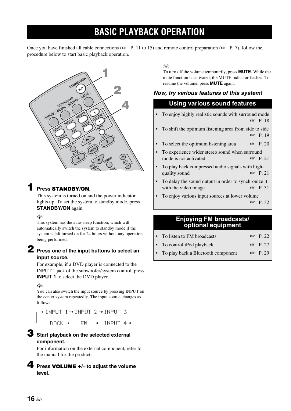 Basic operation, Basic playback operation, P. 16) | P. 16 | Yamaha YAS-71CU User Manual | Page 20 / 44